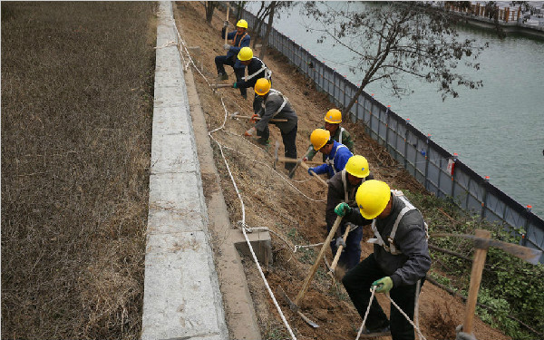 西安护城河十多名农民工栓一根绳子翻地护坡