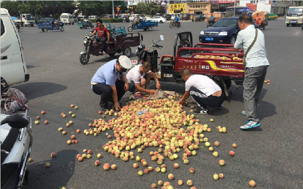 三轮车漏下一地桃子 交警追着提醒帮捡拾