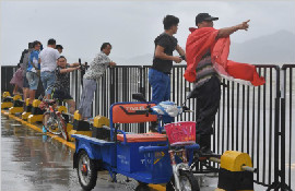 台风天鸽来袭民众顶风观浪