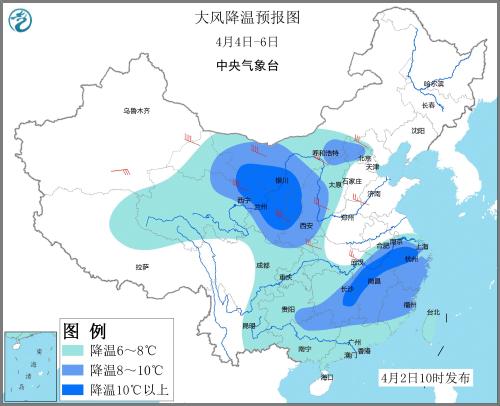 大风降温预报图(4月4日―6日)。图片来源：中央气象台