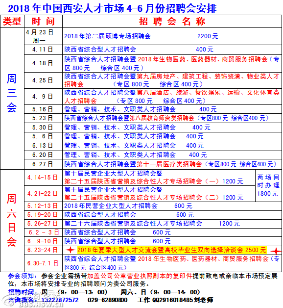 西安2018年4月招聘会安排