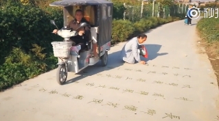 用草练字健身？西安老人水泥路上用杂草练字