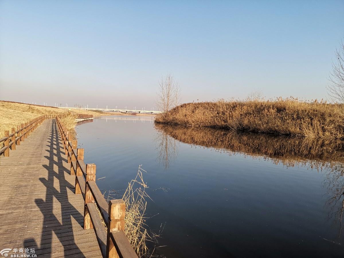 冬日暖阳下的河堤路西安湖