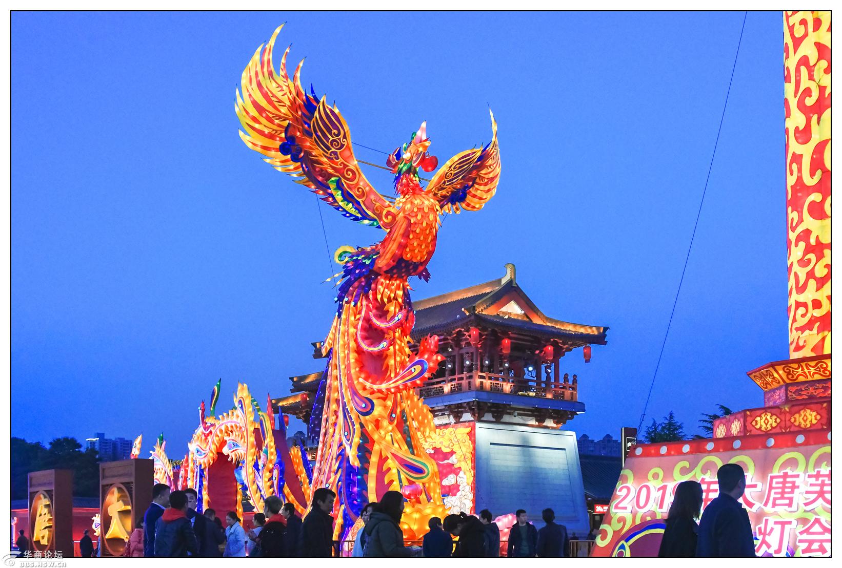 一组迟发的大唐芙蓉园御苑门外的龙凤呈祥彩灯照还有人愿意看吗