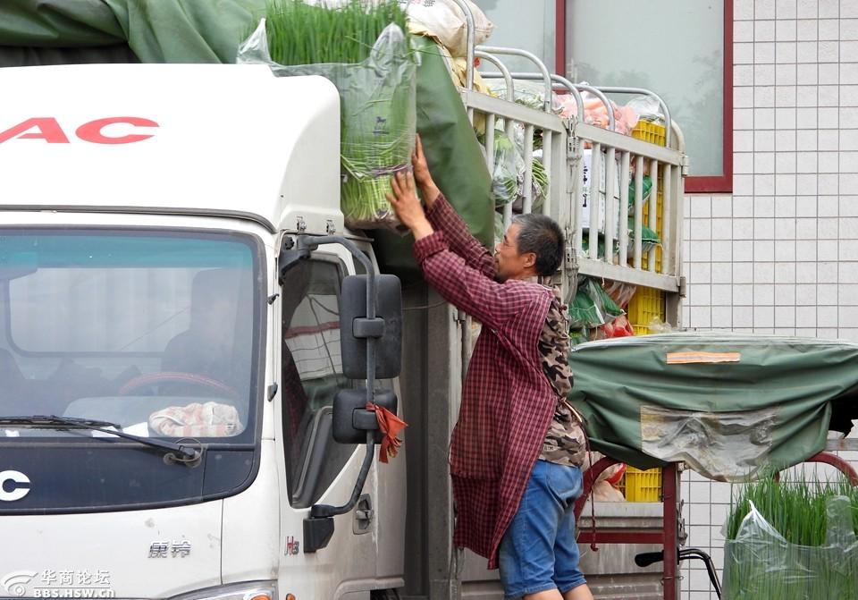 蔬菜市场里等待装车的菜农