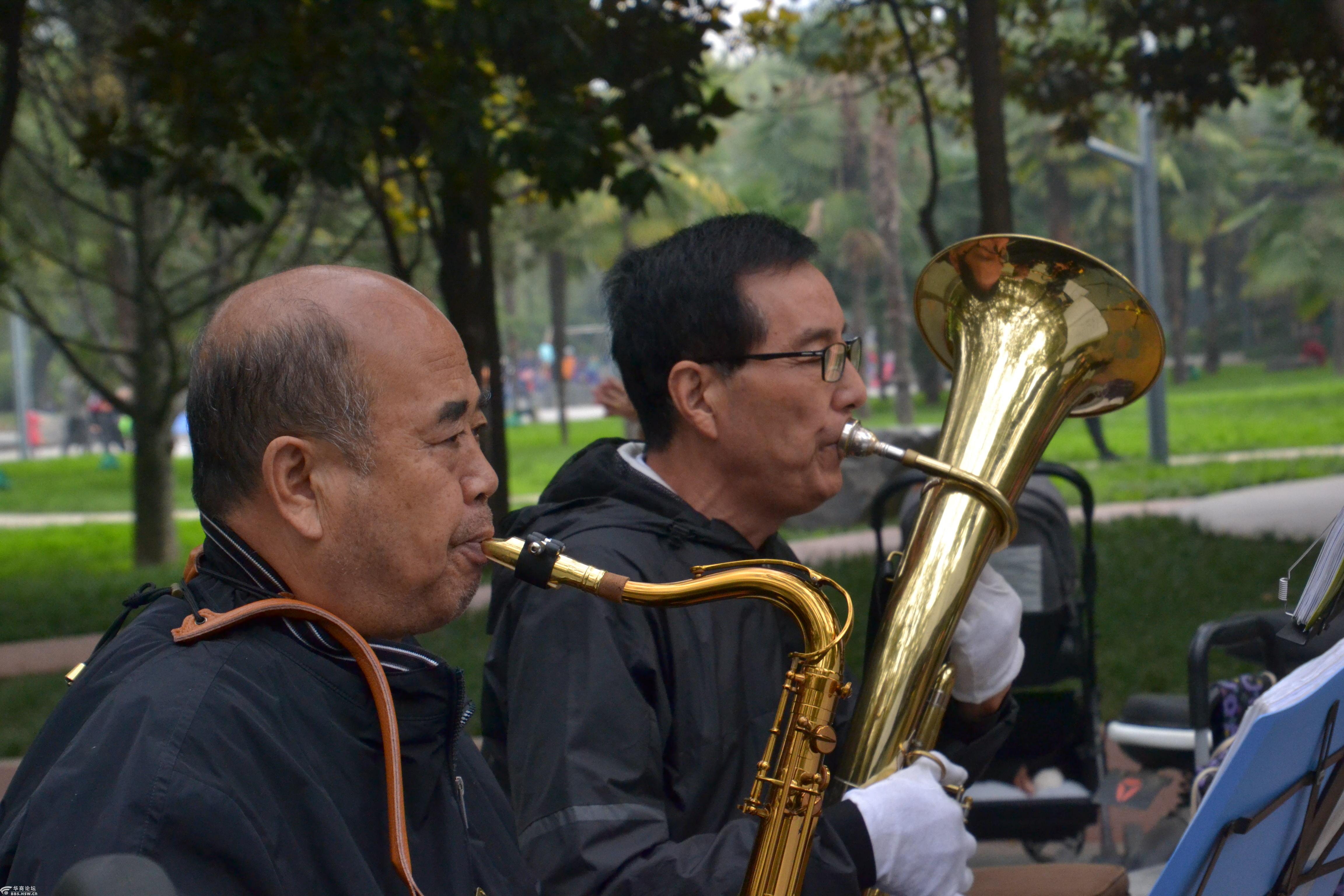 在新纪元公园吹拉弹唱的老年朋友们