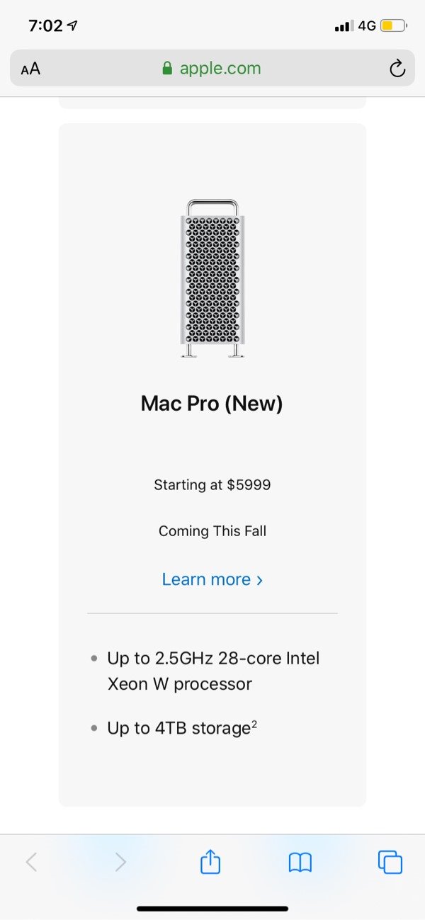 苹果Mac Pro售价公布：5999美元起，约42109元
